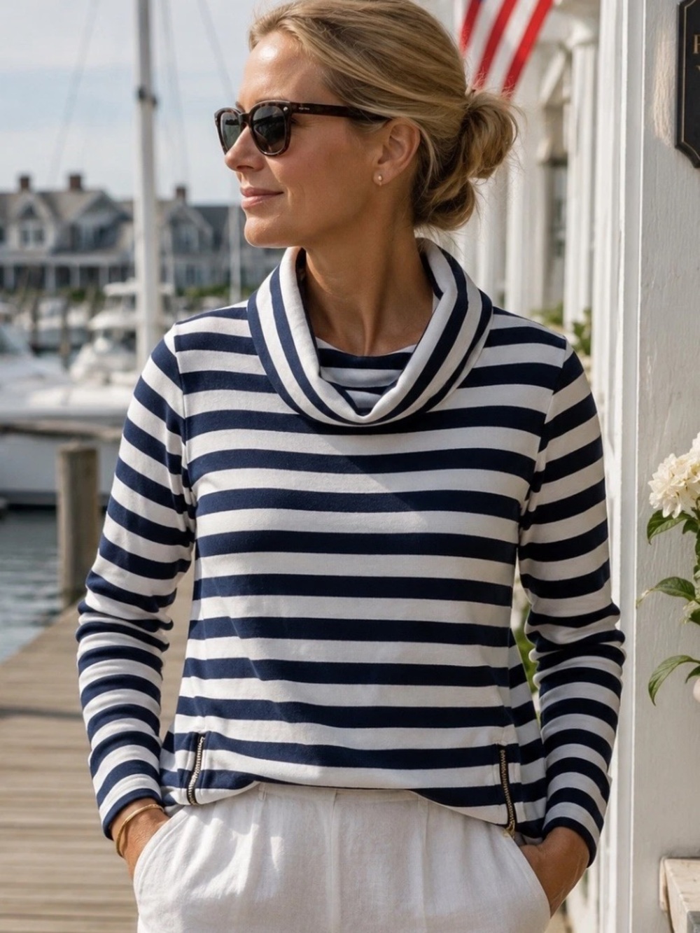 Sail To Sable Cowl Neck Breton Stripe Nautical Resort Long Sleeve Tunic